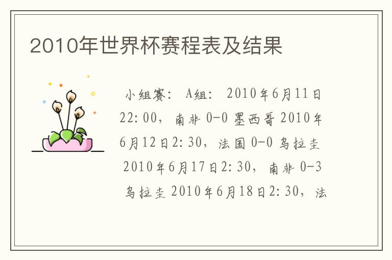 2010年世界杯赛程表及结果