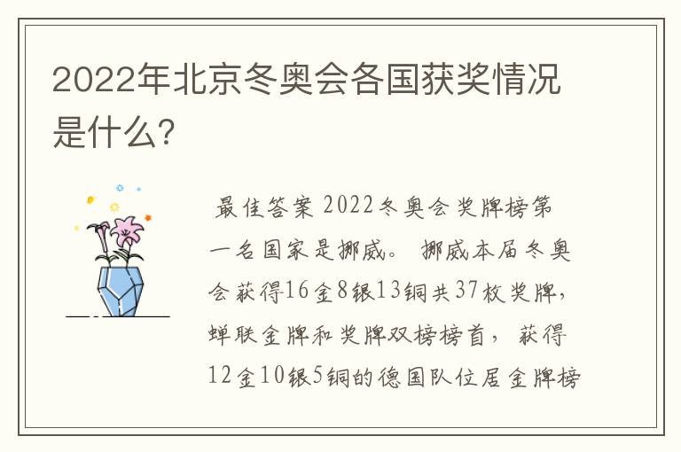 2022年北京冬奥会各国获奖情况是什么？