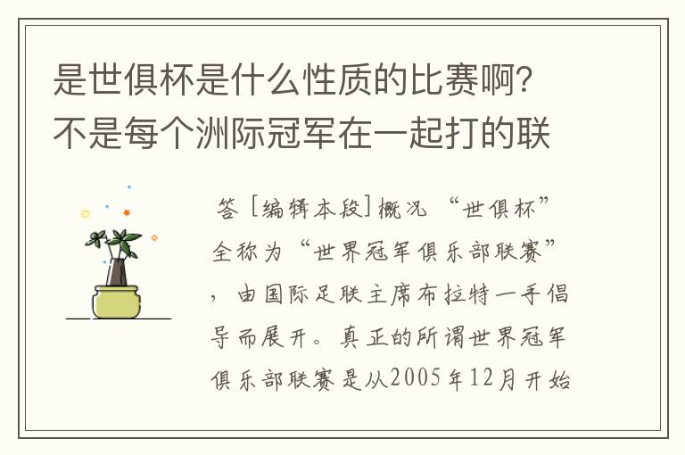 是世俱杯是什么性质的比赛啊?不是每个洲际冠军在一起打的联赛啊?