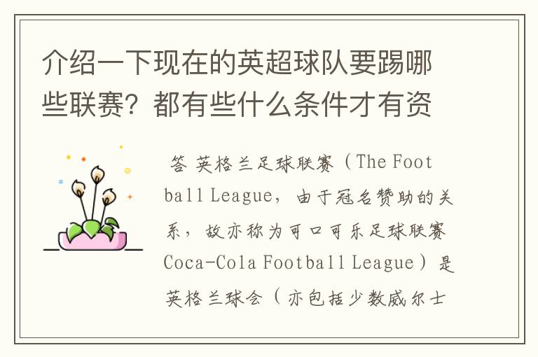 介绍一下现在的英超球队要踢哪些联赛?都有些什么条件才有资格踢?