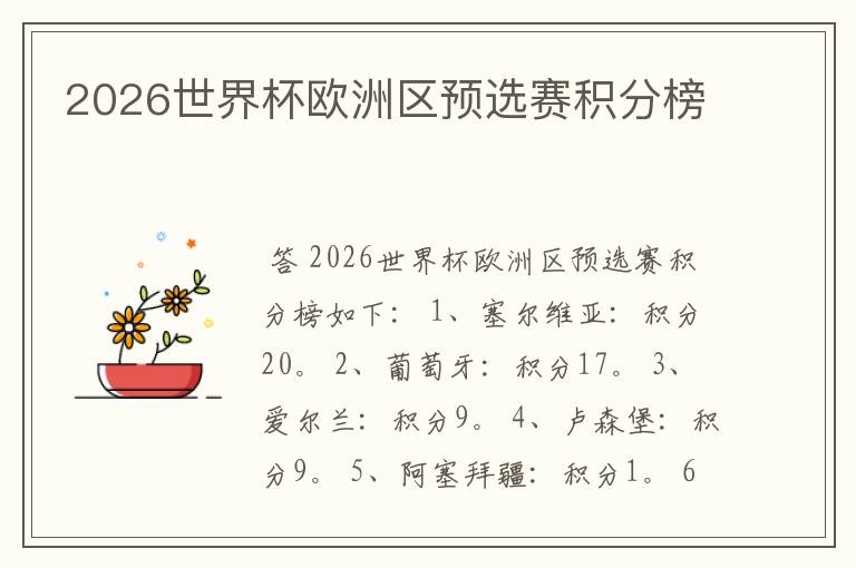 2026世界杯欧洲区预选赛积分榜