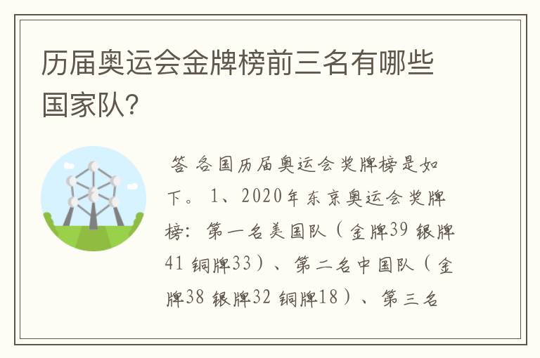 历届奥运会金牌榜前三名有哪些国家队?