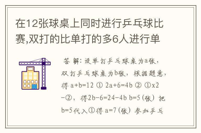 在12张球桌上同时进行乒乓球比赛,双打的比单打的多6人进行单打和双打各多少人?画表格。