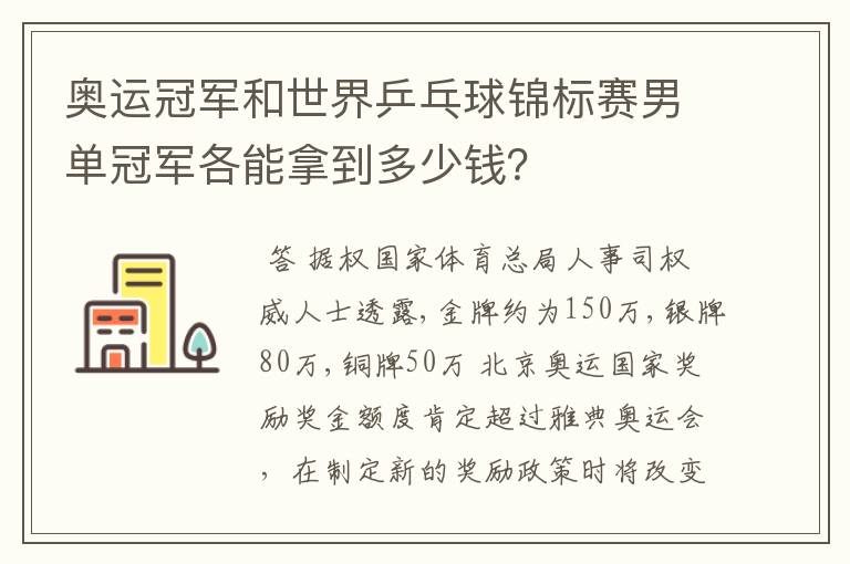 奥运冠军和世界乒乓球锦标赛男单冠军各能拿到多少钱?