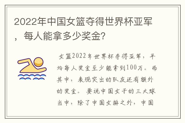 2022年中国女篮夺得世界杯亚军,每人能拿多少奖金?