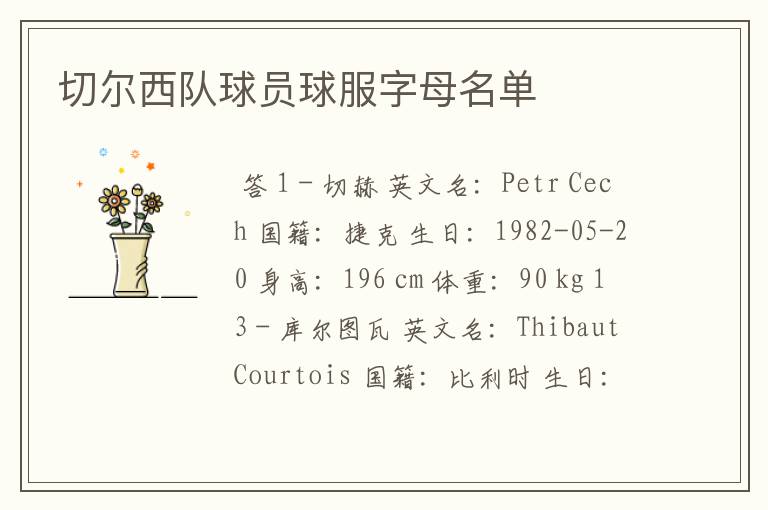 切尔西队球员球服字母名单