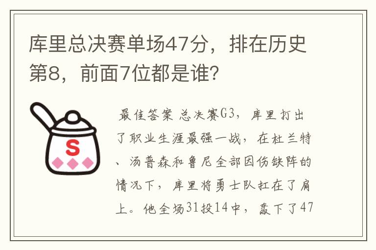 库里总决赛单场47分,排在历史第8,前面7位都是谁?