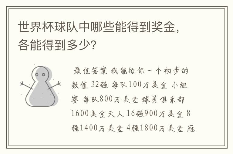 世界杯球队中哪些能得到奖金,各能得到多少?