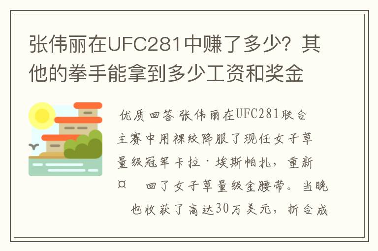 张伟丽在UFC281中赚了多少？其他的拳手能拿到多少工资和奖金？