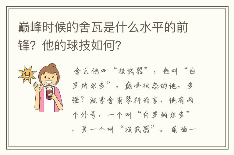 巅峰时候的舍瓦是什么水平的前锋？他的球技如何？