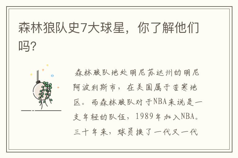 森林狼队史7大球星,你了解他们吗?