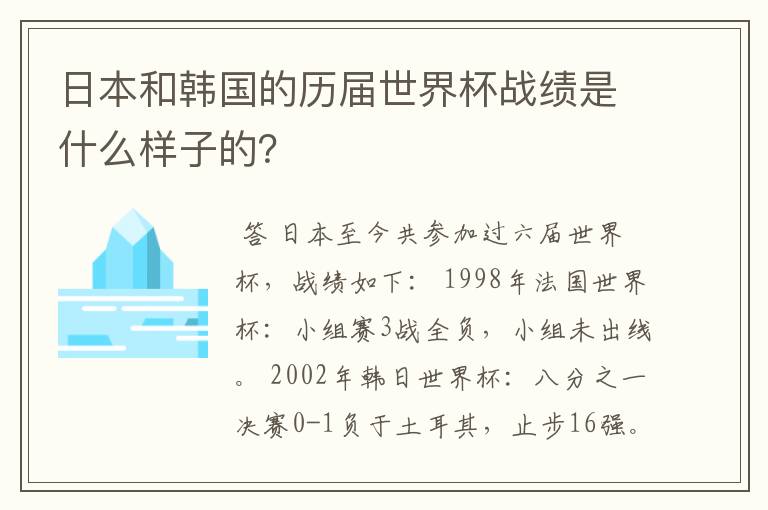 日本和韩国的历届世界杯战绩是什么样子的?