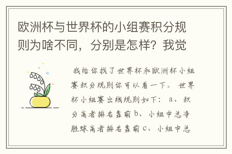 欧洲杯与世界杯的小组赛积分规则为啥不同,分别是怎样?我觉得好像世界杯的合理,意大利又要被策划回家吗?