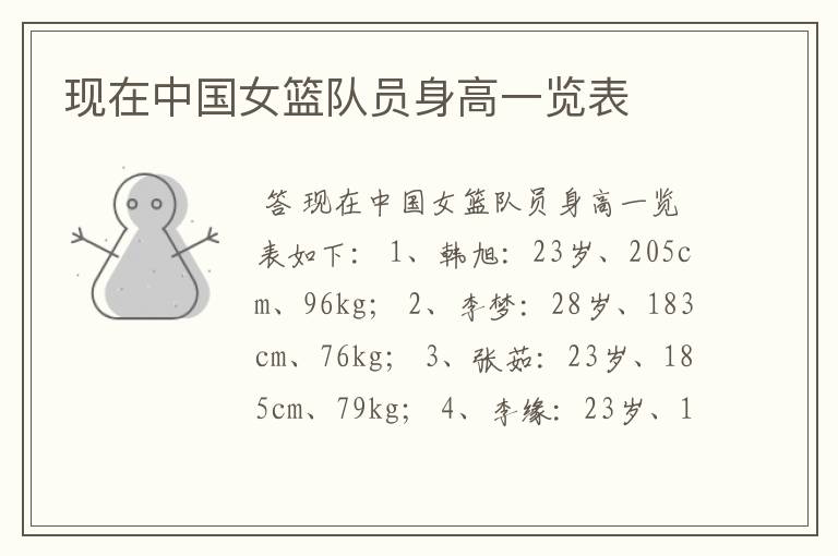 现在中国女篮队员身高一览表