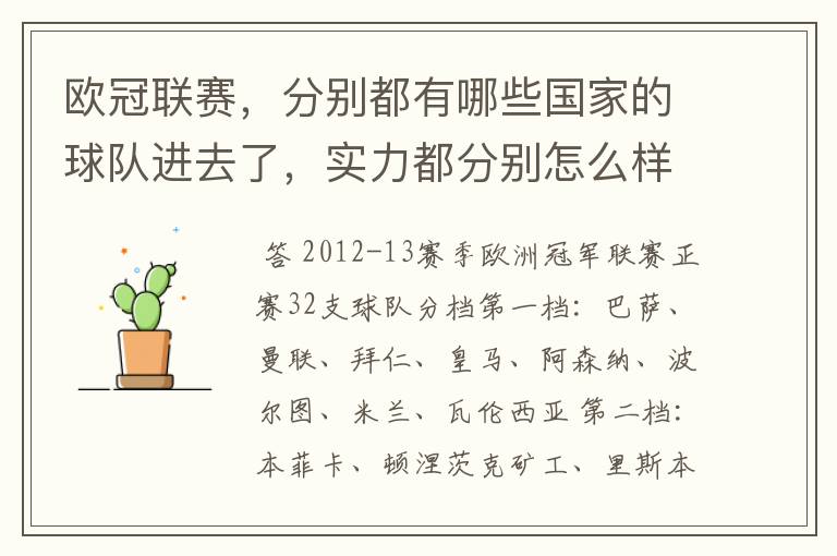 欧冠联赛,分别都有哪些国家的球队进去了,实力都分别怎么样,求给个详细解说的
