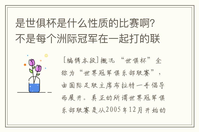 是世俱杯是什么性质的比赛啊？不是每个洲际冠军在一起打的联赛啊？