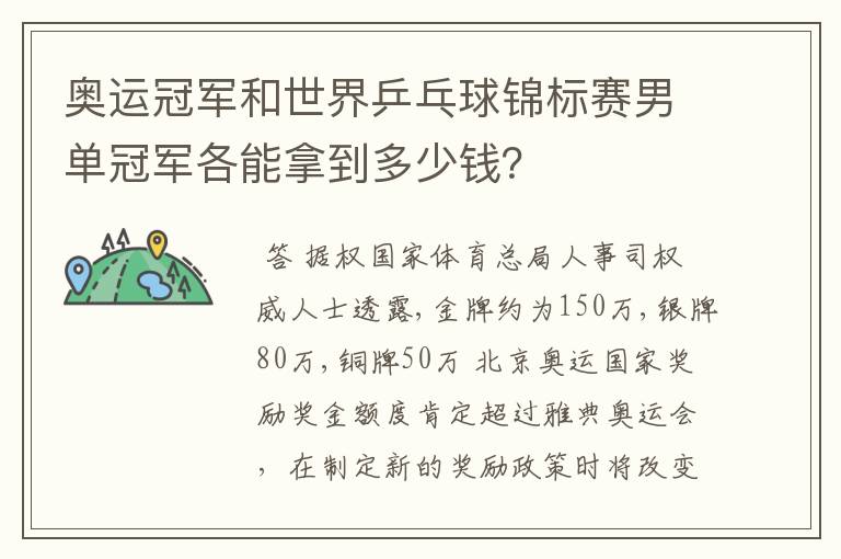 奥运冠军和世界乒乓球锦标赛男单冠军各能拿到多少钱?