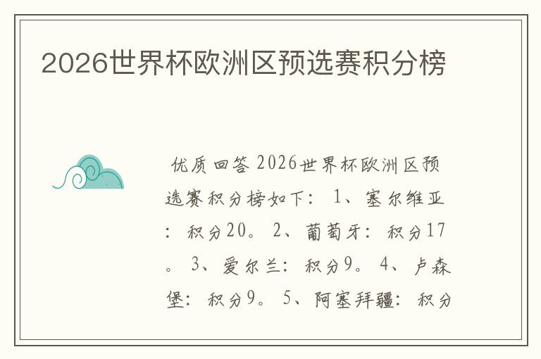 2026世界杯欧洲区预选赛积分榜