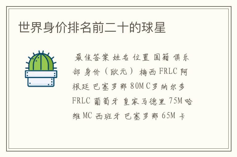 世界身价排名前二十的球星