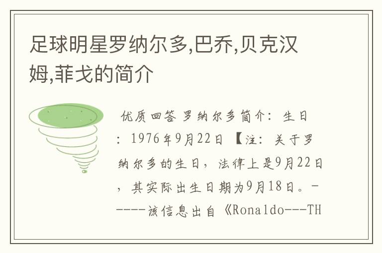 足球明星罗纳尔多,巴乔,贝克汉姆,菲戈的简介