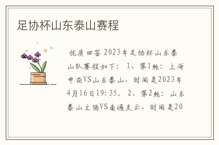 足协杯山东泰山赛程