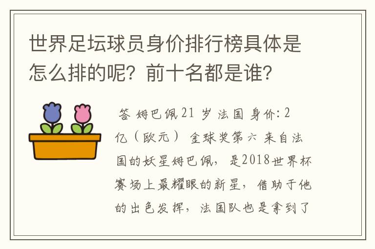 世界足坛球员身价排行榜具体是怎么排的呢?前十名都是谁?