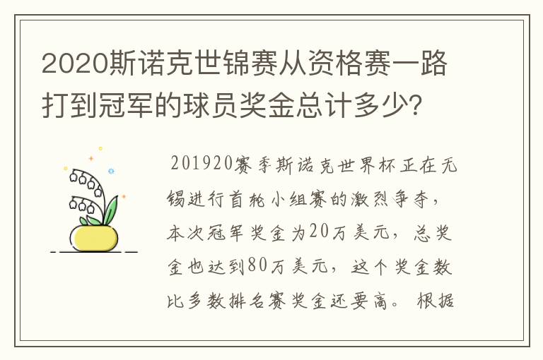 2020斯诺克世锦赛从资格赛一路打到冠军的球员奖金总计多少?