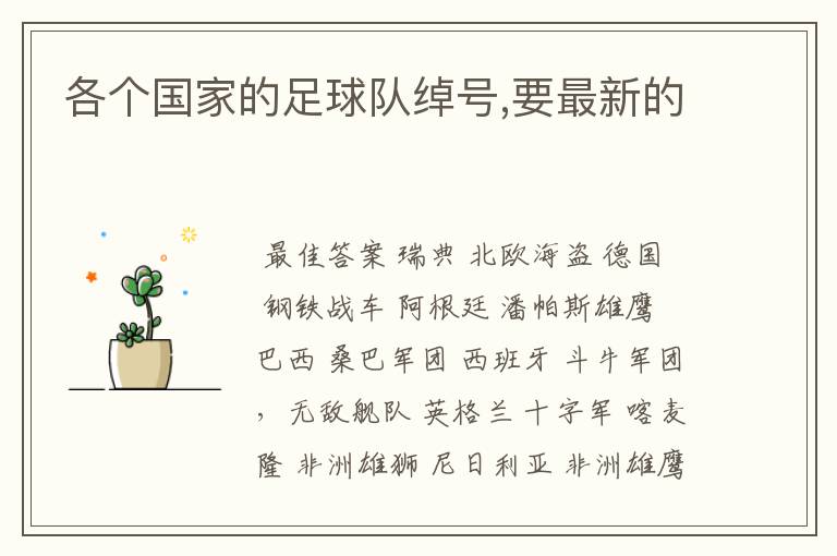 各个国家的足球队绰号,要最新的