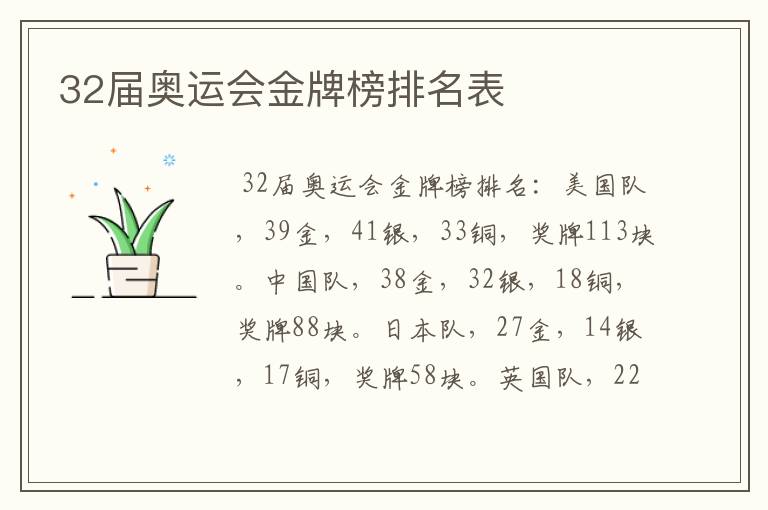 32届奥运会金牌榜排名表