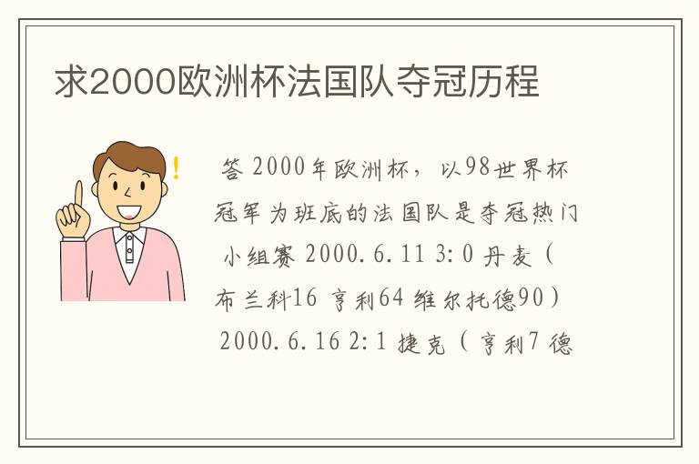 求2000欧洲杯法国队夺冠历程