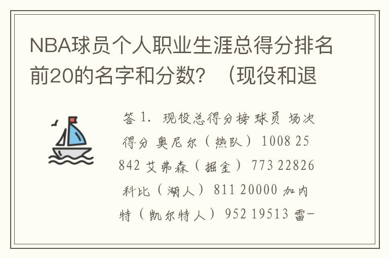 NBA球员个人职业生涯总得分排名前20的名字和分数?(现役和退役都包括)