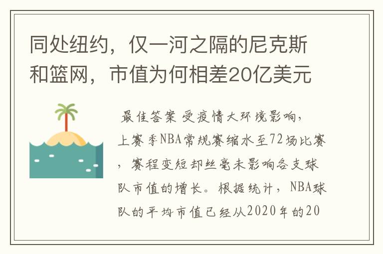 同处纽约,仅一河之隔的尼克斯和篮网,市值为何相差20亿美元?