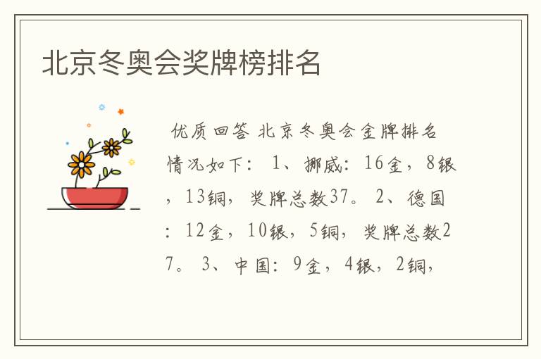 北京冬奥会奖牌榜排名