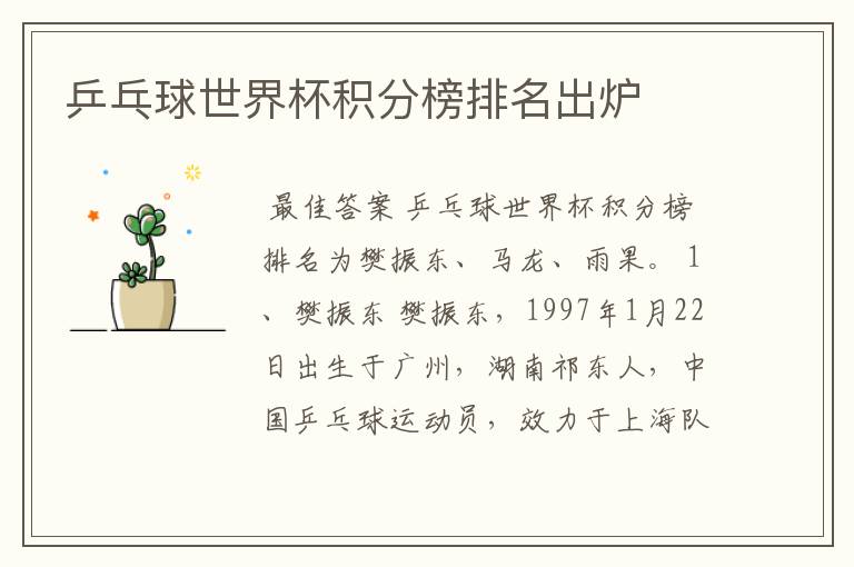 乒乓球世界杯积分榜排名出炉