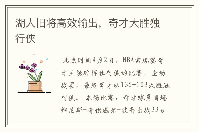 湖人旧将高效输出,奇才大胜独行侠