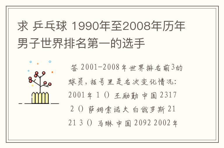 求 乒乓球 1990年至2008年历年男子世界排名第一的选手