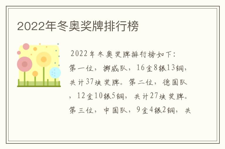 2022年冬奥奖牌排行榜