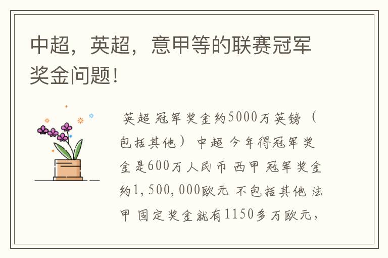中超，英超，意甲等的联赛冠军奖金问题！