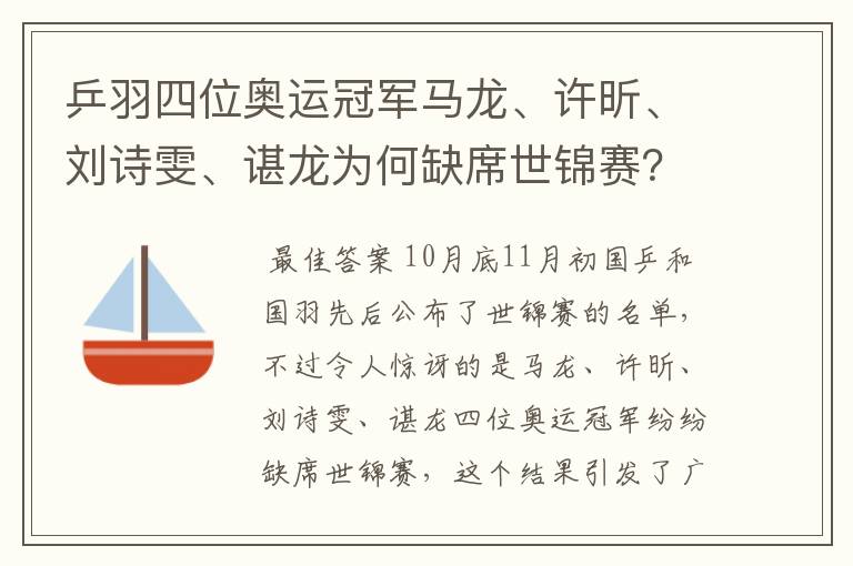 乒羽四位奥运冠军马龙、许昕、刘诗雯、谌龙为何缺席世锦赛?