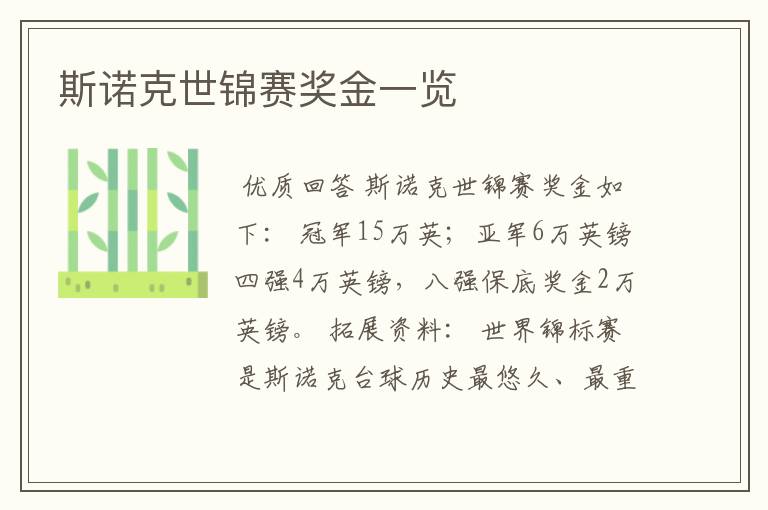 斯诺克世锦赛奖金一览