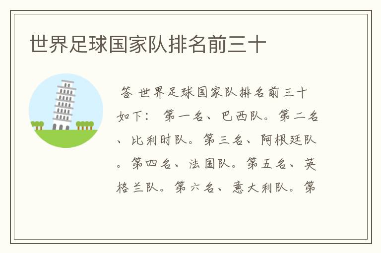 世界足球国家队排名前三十