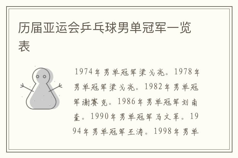 历届亚运会乒乓球男单冠军一览表