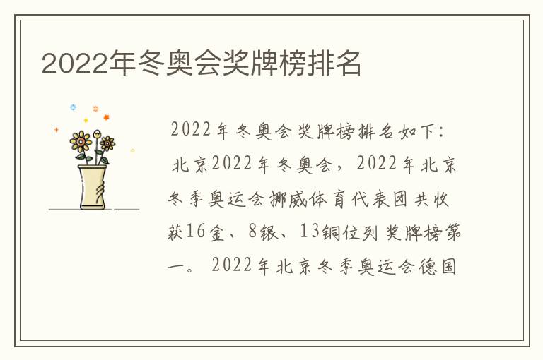 2022年冬奥会奖牌榜排名
