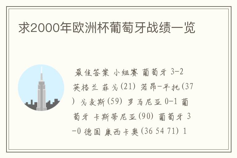 求2000年欧洲杯葡萄牙战绩一览