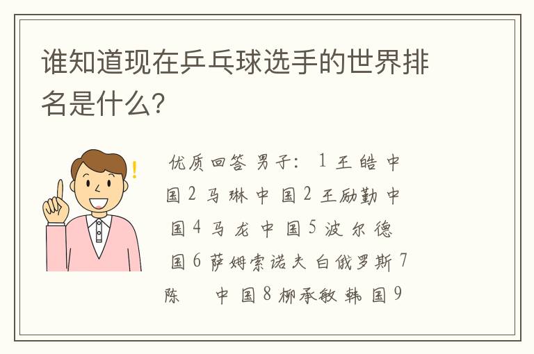 谁知道现在乒乓球选手的世界排名是什么?