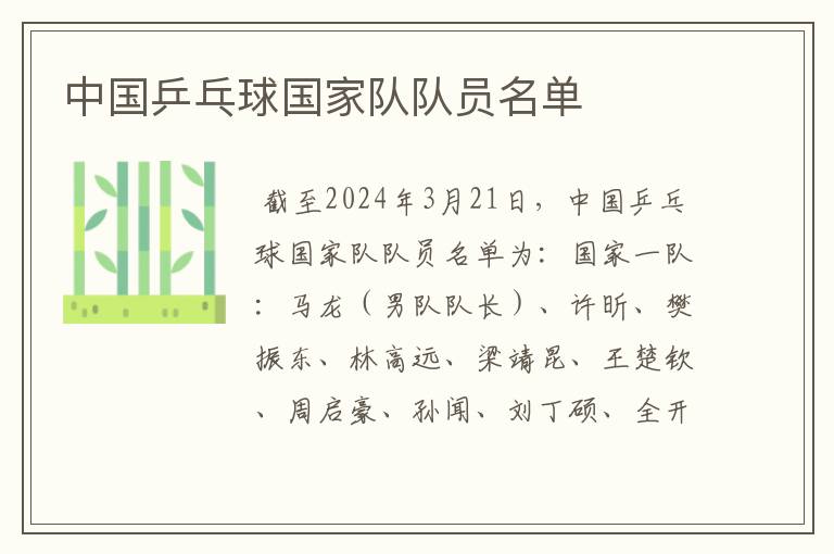 中国乒乓球国家队队员名单