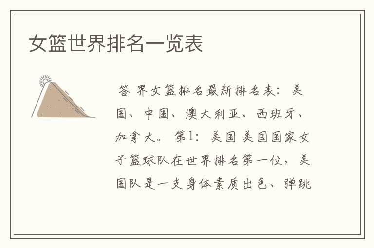 女篮世界排名一览表