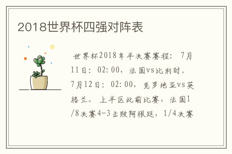 2018世界杯四强对阵表