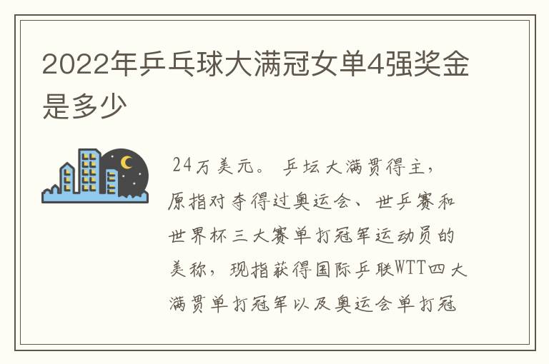 2022年乒乓球大满冠女单4强奖金是多少
