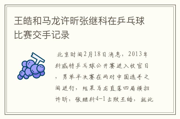 王皓和马龙许昕张继科在乒乓球比赛交手记录